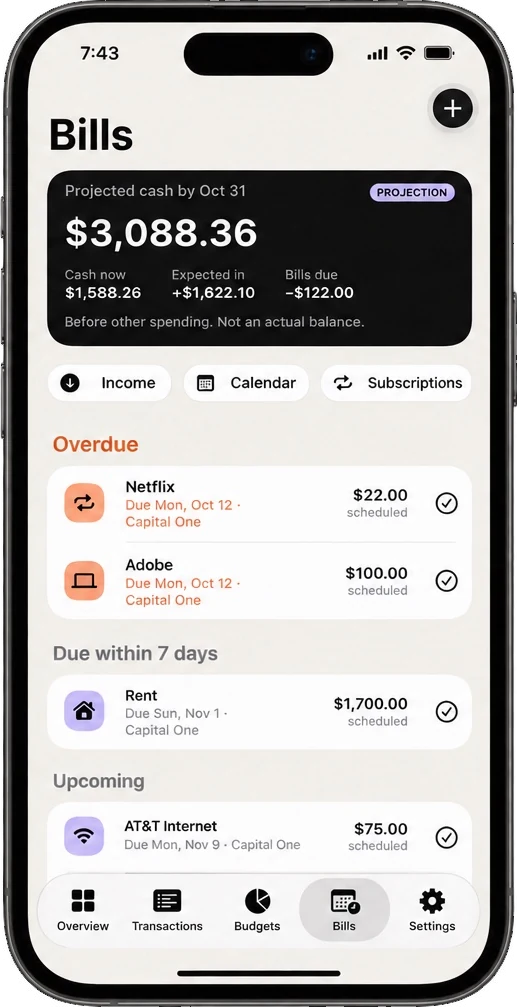 ExpendMe Bills screen listing overdue Netflix and Adobe bills below a projected cash total