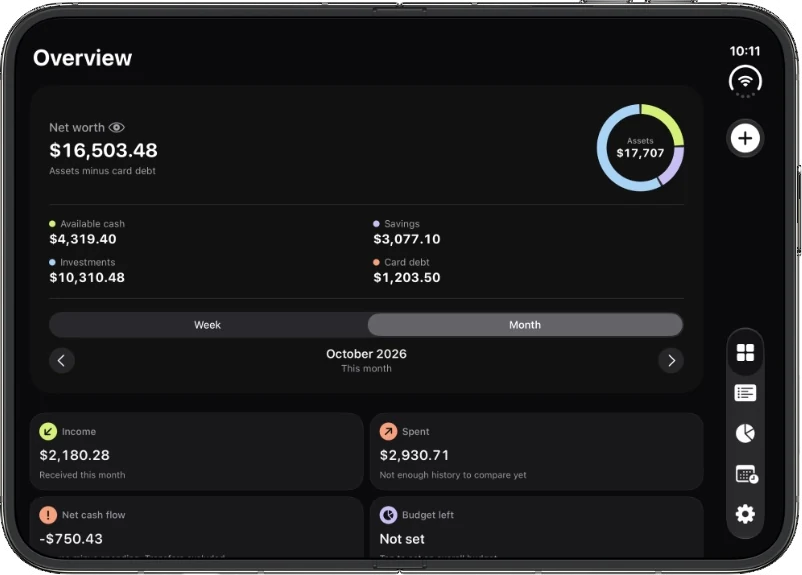 ExpendMe on iPhone Duo, unfolded, showing the Overview screen in dark mode with a side navigation rail