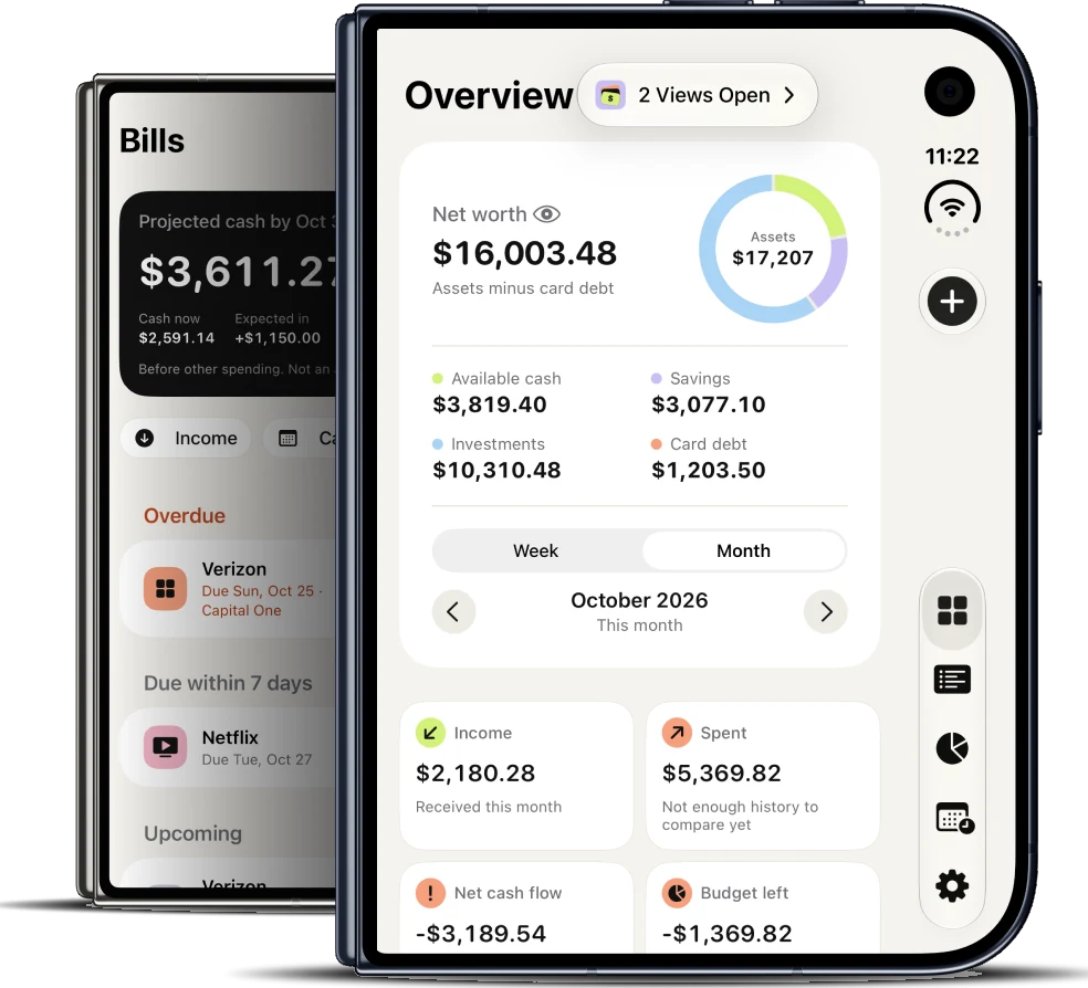 ExpendMe on iPhone Duo, folded, showing the Overview and Bills screens