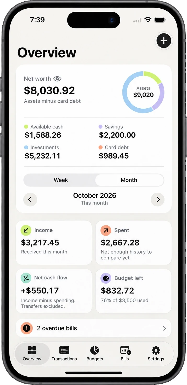 ExpendMe Overview screen showing net worth, income and spending